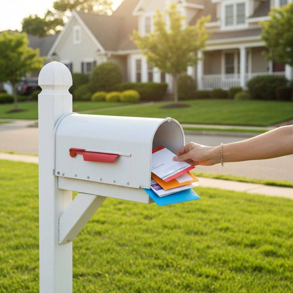 Direct mail being delivered to residential mailboxes across suburban neighborhoods