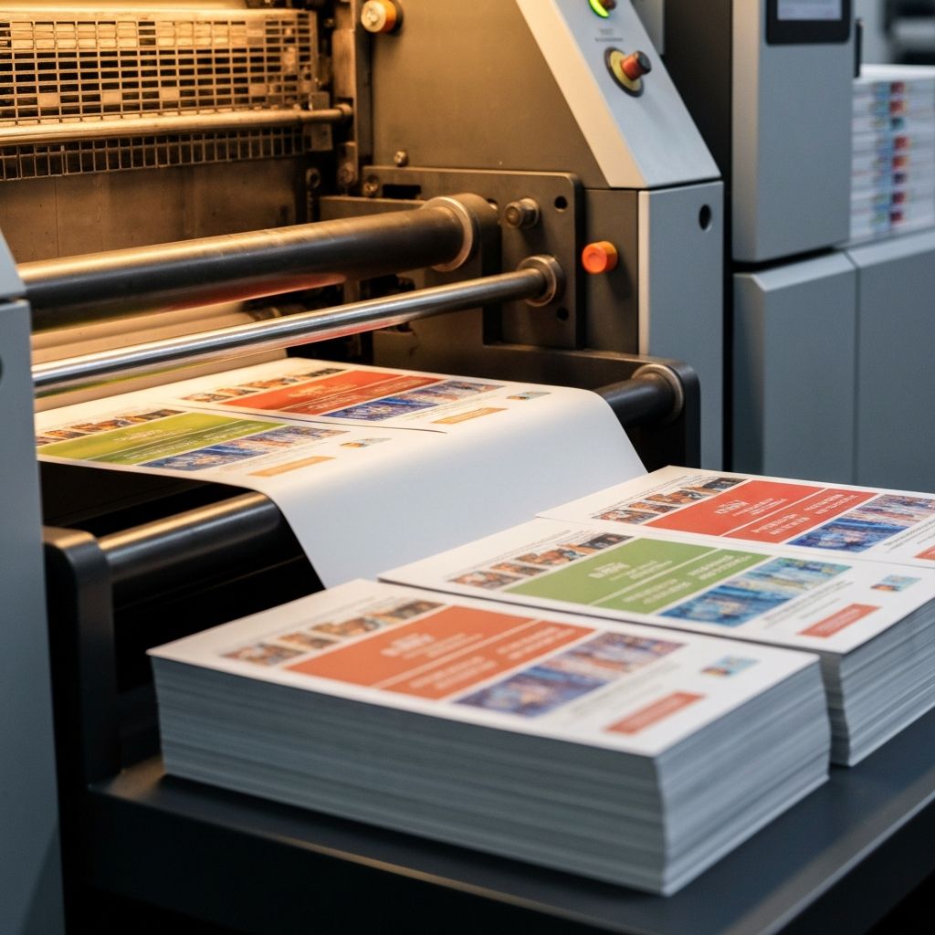 Commercial printing press producing direct mail postcards and marketing materials