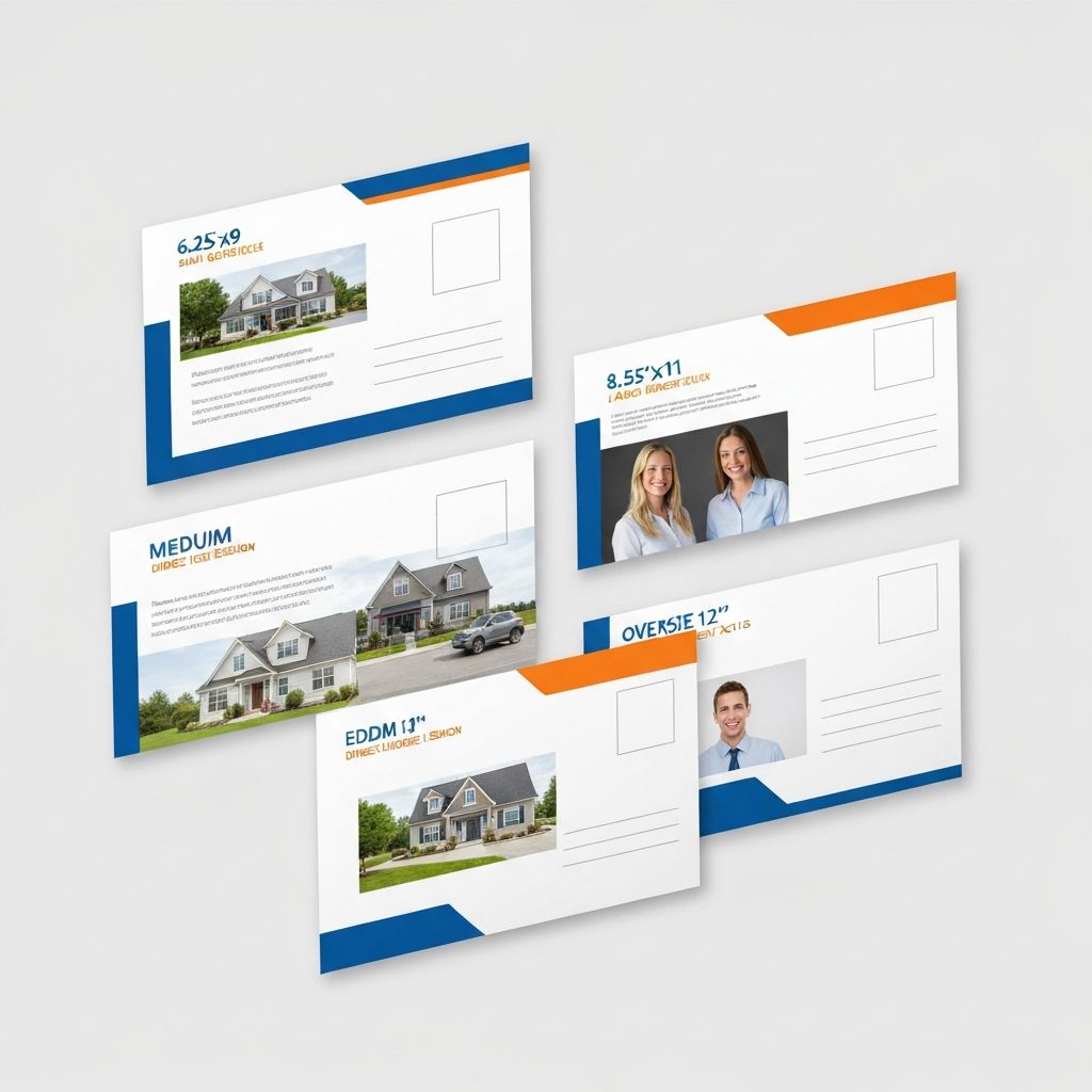 Popular EDDM postcard sizes showing Standard 6.25x9, Large 6.25x11, Jumbo 8.5x11, and Oversized 12x15 inch postcards
