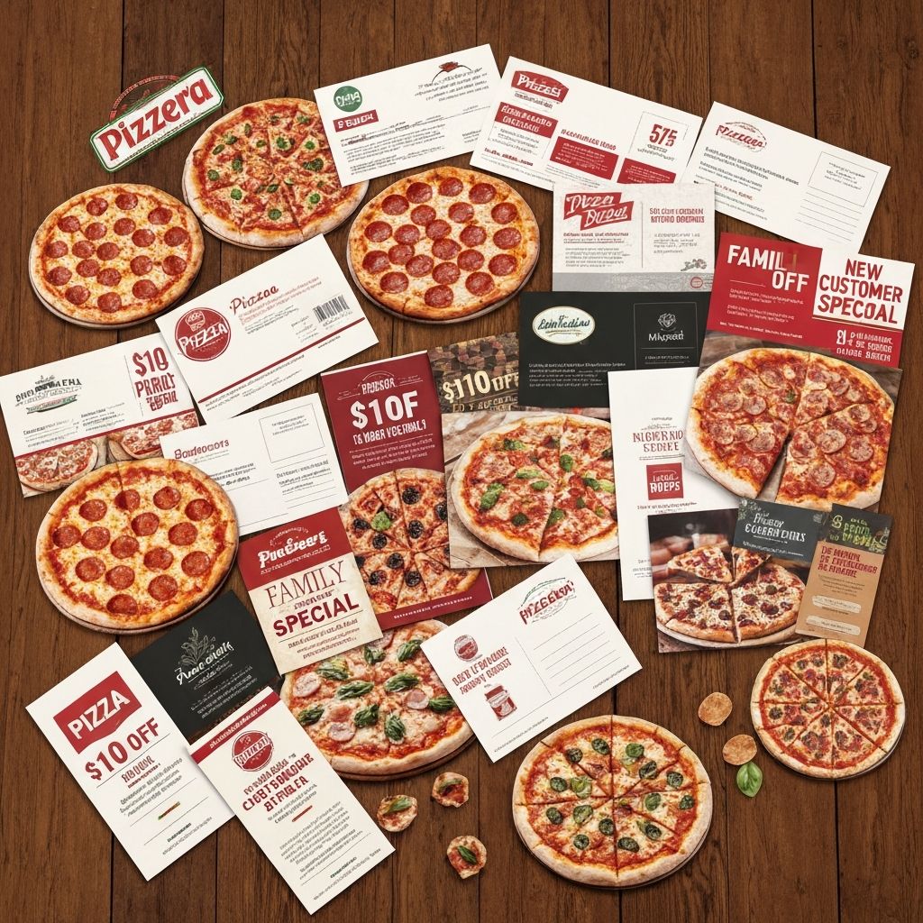 Collection of professional pizzeria direct mail postcards and menu mailers