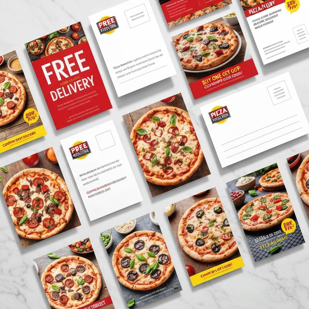 Sample pizza shop direct mail postcards with discount offers