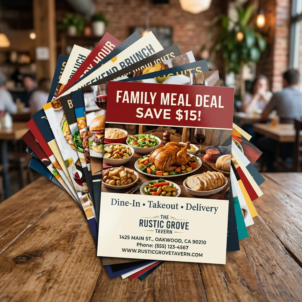 Restaurant direct mail postcard stack