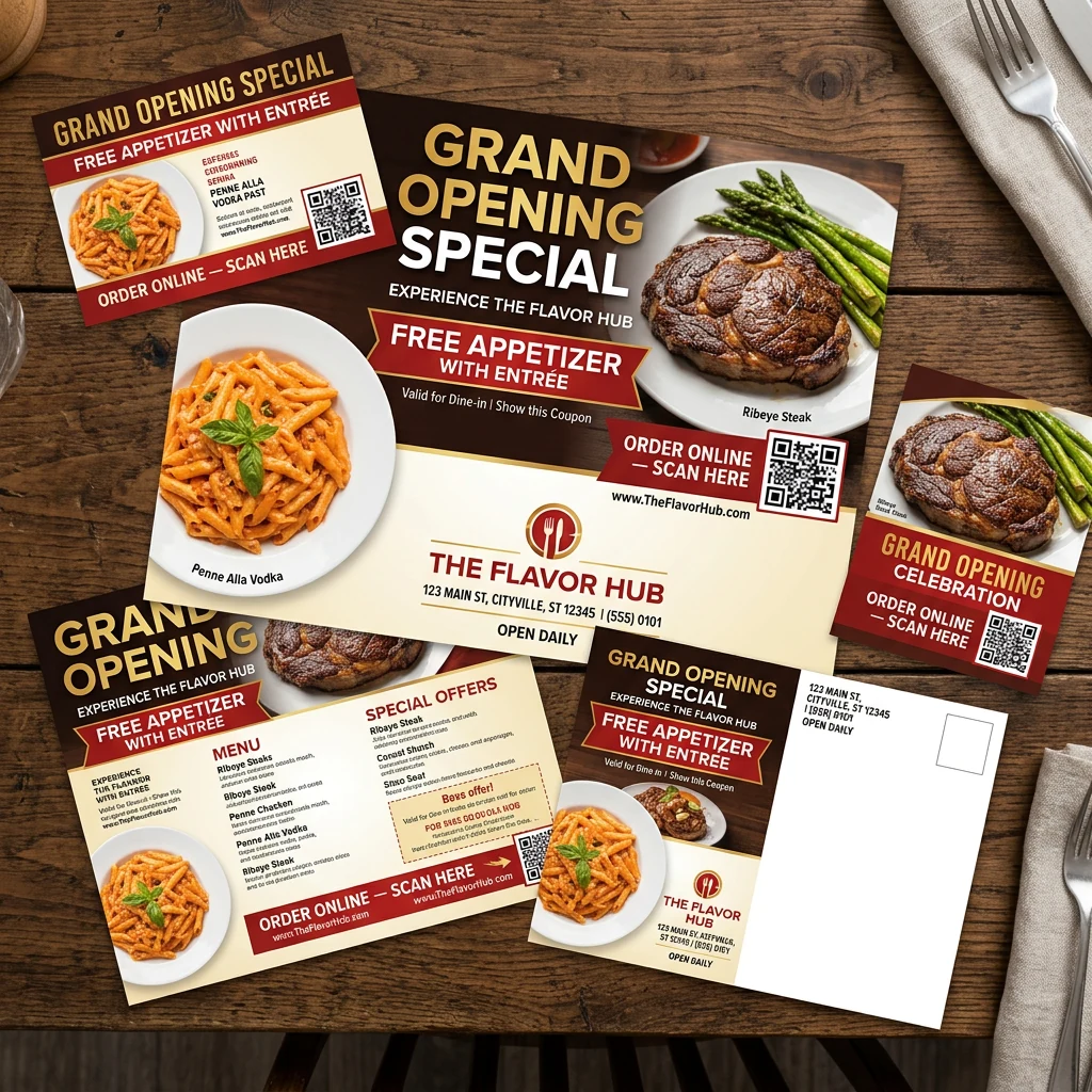 Restaurant direct mail campaign postcards