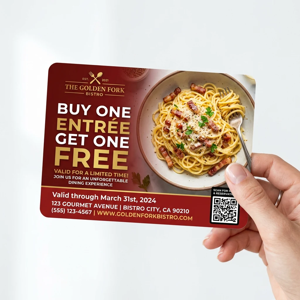 Restaurant coupon postcard pulled from mailbox