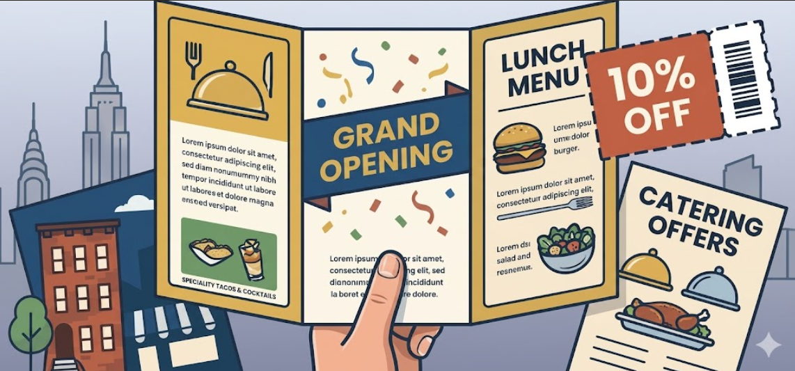 Trifold restaurant menu mailer for a SF grand opening