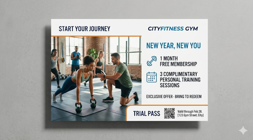 Fitness studio direct mail postcard for SF trial class promotion