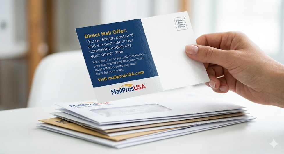 Stack of printed MailProsUSA postcards held in hand