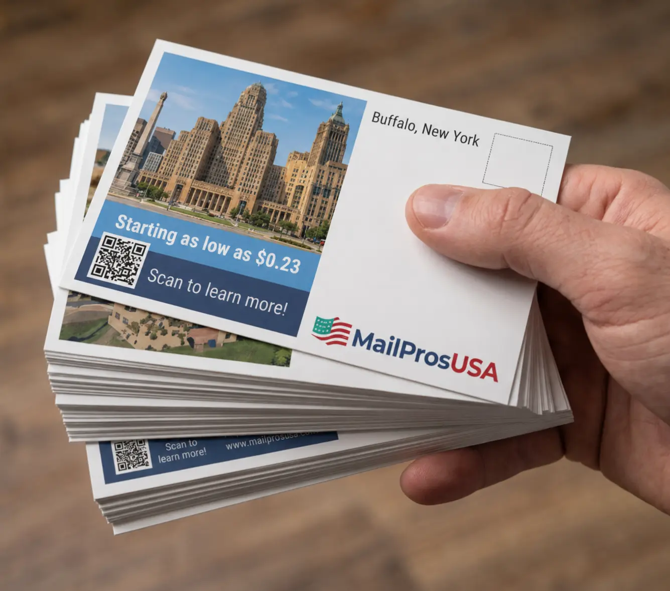 Buffalo direct mail postcard sample held in hand