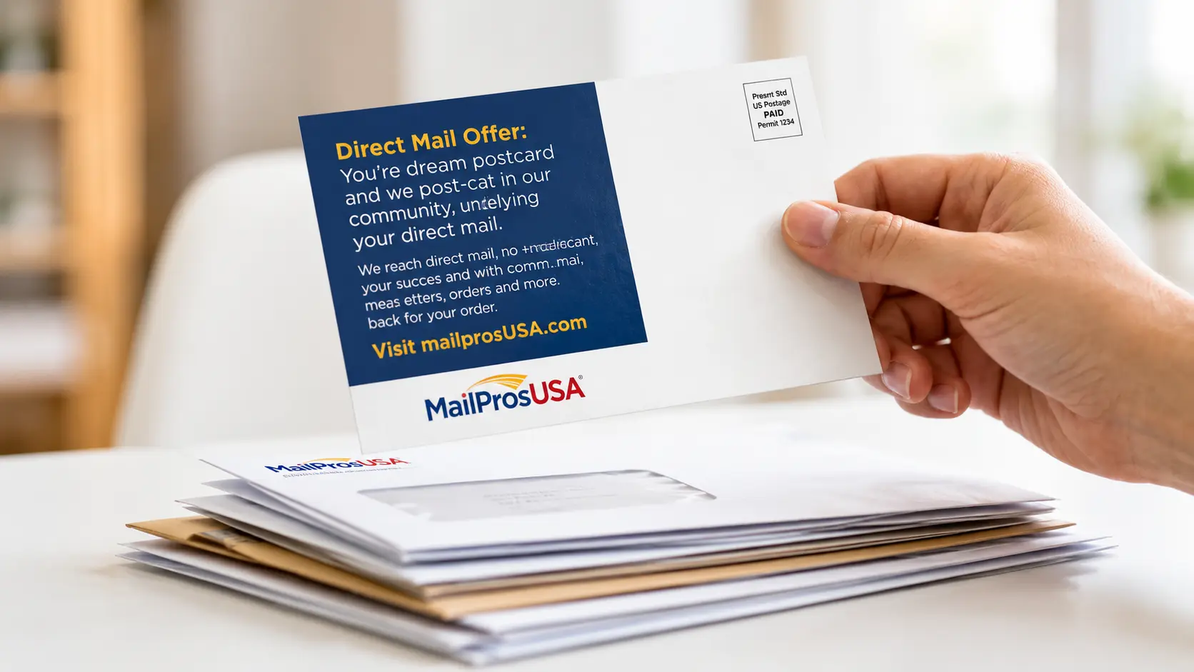 Stack of printed MailProsUSA postcards held in hand
